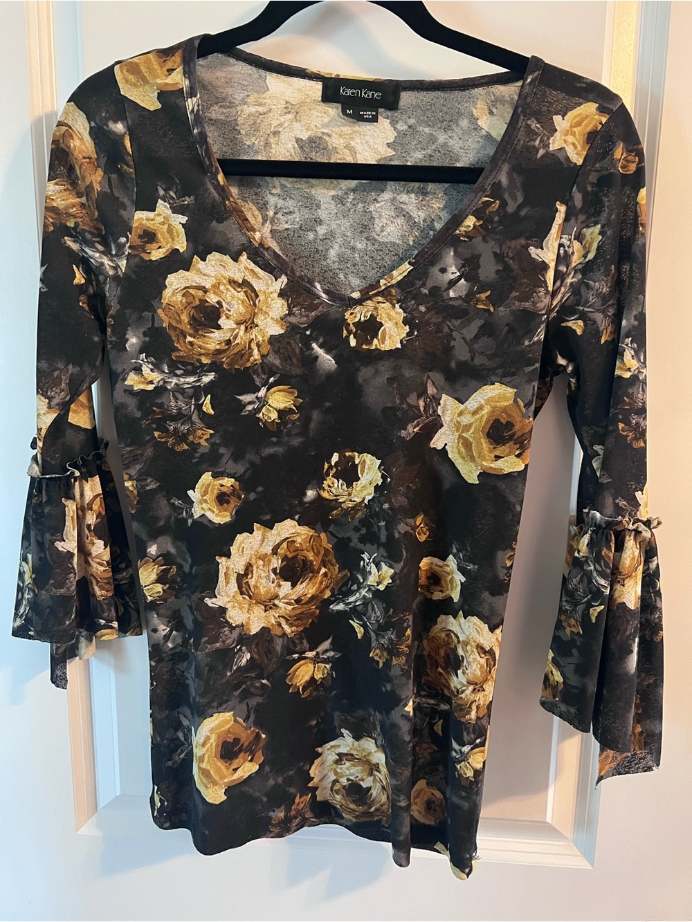 Karen Kane Black Floral V-Neck Long Sleeve Mesh Top